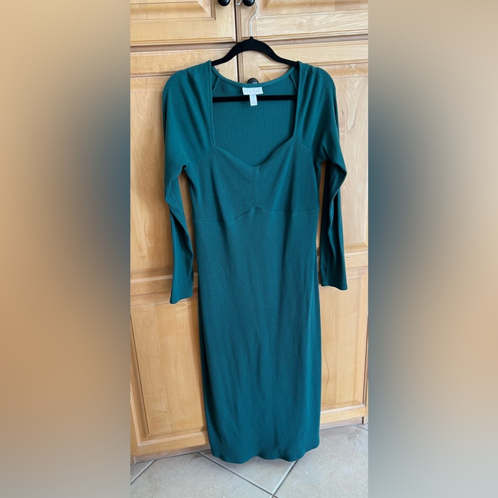 Teal Green ribbed long sleeve midi dress